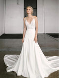 Elegant A-Line V Neck Spaghetti Straps Wedding Dresses with Lace HZ0527