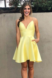Promfast Yellow V Neck Satin Straps Homecoming Dresses Short Prom Dress HZ0527