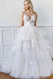 Romantic A-Line V Neck Tiered Appliques Tulle Long Wedding Dresses HZ0527