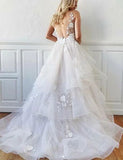 Romantic A-Line V Neck Tiered Appliques Tulle Long Wedding Dresses HZ0527