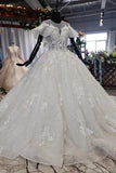 Elegant Ball Gown Big Wedding Dresses, Appliques Bridal Dress with Short Sleeves HZ0527