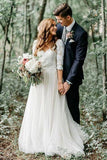A-Line V-Neck Half Sleeves Backless Tulle Wedding Dresses with Lace Top HZ0527
