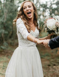 A-Line V-Neck Half Sleeves Backless Tulle Wedding Dresses with Lace Top HZ0527