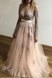 A Line Tulle Long Sleeves Appliques Cheap Prom Dresses HZ0527