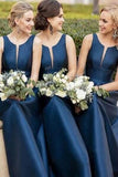 Simple A-Line Satin Navy Blue Bridesmaid Dress with Illusion V Inset HZ0527