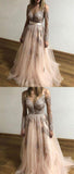 A Line Tulle Long Sleeves Appliques Cheap Prom Dresses HZ0527