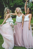 Gorgeous Two Piece Pink Tulle Long Bridesmaid Dress with White Top HZ0527