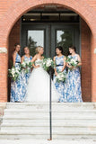 Scoop Ink Blue Print Bridesmaid Dress with Belt HZ0527