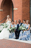 Scoop Ink Blue Print Bridesmaid Dress with Belt HZ0527
