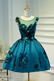 A Line Flower Appliques Round Neck Homecoming Dresses, Blue Short Prom Dress HZ0527