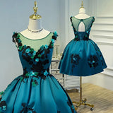 A Line Flower Appliques Round Neck Homecoming Dresses, Blue Short Prom Dress HZ0527