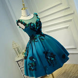 A Line Flower Appliques Round Neck Homecoming Dresses, Blue Short Prom Dress HZ0527
