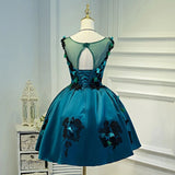 A Line Flower Appliques Round Neck Homecoming Dresses, Blue Short Prom Dress HZ0527