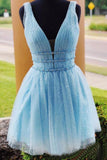 Sky Blue Beaded Backless Homecoming Dresses, Short Graduation Dress HZ0527