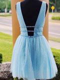 Sky Blue Beaded Backless Homecoming Dresses, Short Graduation Dress HZ0527