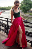 Two Piece A-Line Square Neck Fuchsia Satin Split Prom Dress With Green Top HZ0527