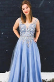 Gorgeous A-Line Appliques Floral Sky Blue Long Prom Dress HZ0527