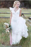 V Neck Backless Sheath White Wedding Dresses Long Simple Bridal Dresses HZ0527