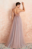 Promfast Straps A-Line Beading Rose Split Tulle Prom Dress with Crystal HZ0527