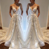 Sexy Deep V neck Lace Backless Bridal Dresses,Spaghetti Straps Beach Long Wedding Dress HZ0527