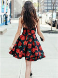 A-Line Cross V-Neck Above Knee Floral Satin Homecoming Dresses HZ0527