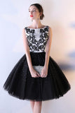 Black Tulle A Line Beading Short Bateau Homecoming Dresses With Lace Top HZ0527