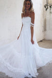 A-Line Off-the-Shoulder Lace White Beach Wedding Dress with Appliques HZ0527