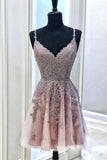 Pink Tulle Lace Appliques Spaghetti Straps Short Prom Dress, Mini Party Dress HZ0527