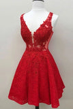 Custom Red Lace V Neck A Line Short Homecoming Dresses HZ0527