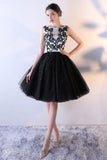 Black Tulle A Line Beading Short Bateau Homecoming Dresses With Lace Top HZ0527