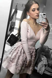 A-line Nude Long Sleeve Short Homecoming Party Dress with Flowers HZ0527