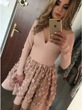 A-line Nude Long Sleeve Short Homecoming Party Dress with Flowers HZ0527