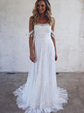 A-Line Off-the-Shoulder Lace White Beach Wedding Dress with Appliques HZ0527