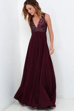Burgundy Bridesmaid Dresses WIth Sequin Top, A-line Long Chiffon Wedding Party Dress HZ0527