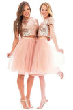 Two Piece Pink Bridesmaid Dresses Short Sleeve Knee Length Wedding Guest Dresses HZ0527