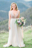Gold Sequin Chiffon Backless Simple Beach Wedding Dresses with Sash HZ0527