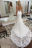 Promfast Glamorous Straps V-Neck Backless Lace Mermaid Wedding Dresses HZ0527