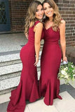 Dark Red Mermaid Bridesmaid Dresses V-neck Sweep Train Wedding Guest Dress HZ0527