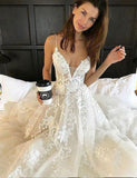 Sexy Deep V neck Lace Backless Bridal Dresses,Spaghetti Straps Beach Long Wedding Dress HZ0527