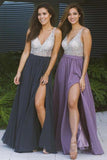 Cheap Long Prom Dresses with Side Slit V Neck Beaded Prom Dress HZ0527