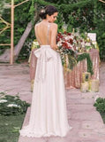 Gold Sequin Chiffon Backless Simple Beach Wedding Dresses with Sash HZ0527