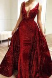 Burgundy Sequins Long V Neck Prom Dresses Lace Evening Dresses HZ0527