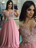 Off the Shoulder Dusty Rose Long Prom Dresses Pearl Lace Formal Dress HZ0527