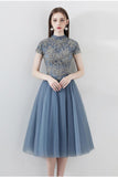 Blue A Line Tulle Short Sleeves High Neck Appliques Homecoming Dresses HZ0527