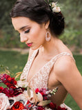 Gold Sequin Chiffon Backless Simple Beach Wedding Dresses with Sash HZ0527