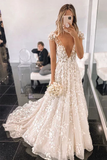 Promfast Stylish V Neck Tulle Lace Cap Sleeves Applique Long Wedding Dresses HZ0527