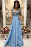 Elegant A-Line Beaded Sky Blue Prom Dresses With Cap Sleeves HZ0527
