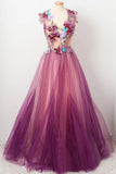 Tulle Flower A Line Prom Dresses Scoop neck Appliqued Party Dress HZ0527