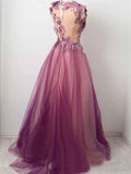 Tulle Flower A Line Prom Dresses Scoop neck Appliqued Party Dress HZ0527