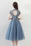 Blue A Line Tulle Short Sleeves High Neck Appliques Homecoming Dresses HZ0527